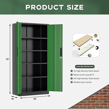 Greenvelly Metal Storage Cabinet, 72" Locking Metal Garage Storage Cabinet with Doors and 4 Adjustable Shelves, Lockable Steel Cabinet for Home Office, Garage, Shop, School (Green 32" W x 16" D)