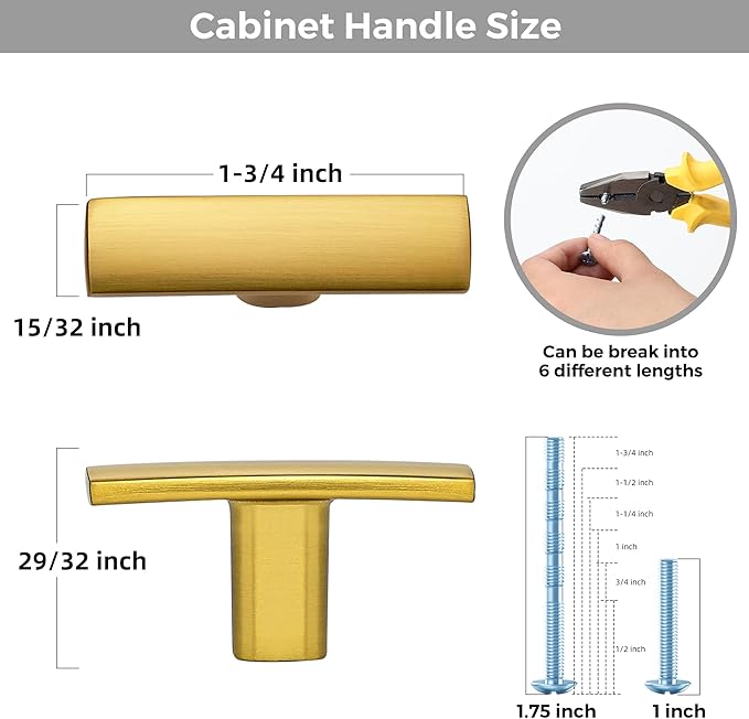25 Pack Gold Cabinet Knobs - Curved Cabinet Pulls Brushed Brass Knobs for Kitchen Drawer Solid Dresser Pulls for Kitchen Hardware 1-3/4in Length Single Hole