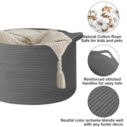 90L Large Blanket Basket,21.7"L x 21.7"W x 13.8"H Rope Woven Baskets with Handles, Toys Storage Bins,Laundry Basket Perfect for Living Room, Nursery,Bedroom,Home Organization,Dark Gry