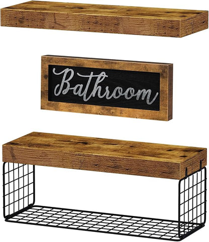 QEEIG ‎Bathroom Shelves Over Toilet - Paper Storage Wall Mounted Farmhouse Decor Decorations Aesthetic Décor Sign Small Floating Shelf 2+1 Set 16 inch, Rustic Brown (020BN)