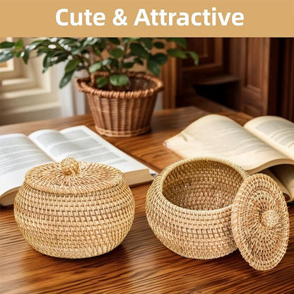 Small Rattan Basket Box with Lid, Round Handmade Woven Storage Basket, Multi-purpose Wicker Bowl Decorative Organizer for Shelf, Home, Bathroom Decor