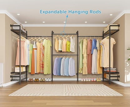 Timate L2 Wall Mounted Clothes Rack Industrial Pipe Clothing Rack for Hanging Clothes, Adjustable Expandable Garment Rack Heavy Duty Closet Organizer, Black Mounted Storage Industrial Closet System