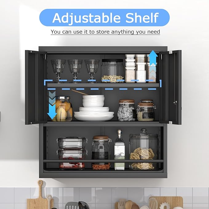 Metal Wall Cabinet, Garage Wall Cabinet with Lock, Wall Mounted Heavy Duty Steel Tool Cabinet with Door and Shelf, Hanging Cabinet for Garage Warehouse Bathroom Kitchen, Black