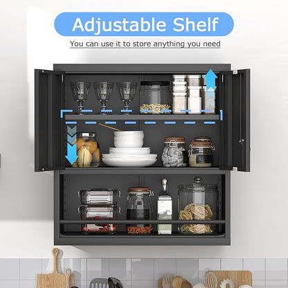 Metal Wall Cabinet, Garage Wall Cabinet with Lock, Wall Mounted Heavy Duty Steel Tool Cabinet with Door and Shelf, Hanging Cabinet for Garage Warehouse Bathroom Kitchen, Black