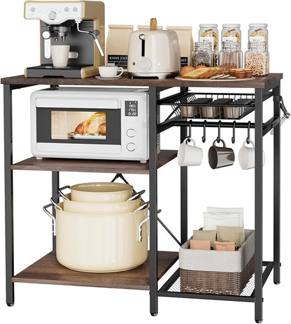 VEVOR Bakers Rack, 35.4 inch Width Microwave Stand,Kitchen Stand with X-Shaped Support Bar & 5 S-Shaped Hooks,Kitchen Storage Shelf for Dish Storage, Spice Jars, Coffee Bar Organization