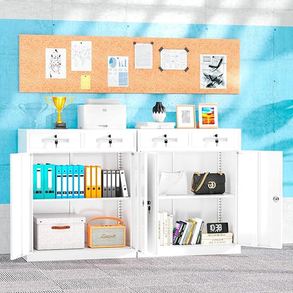 Bonusall Garage Storage Cabinet with 2 Drawers,42" Metal Office Cabinets with Doors and Shelves,Steel Pantry Cabinet for Home Office,School,Warehouse(White)