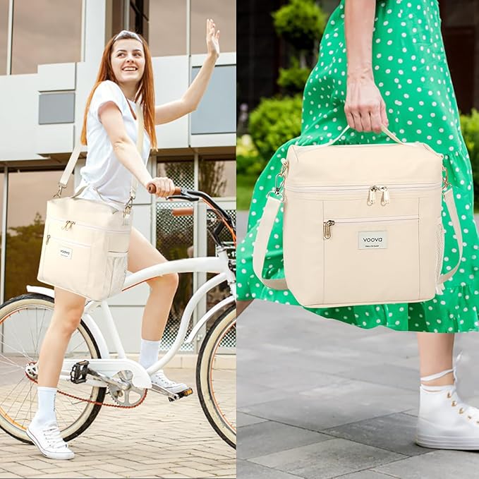Voova Stackable Stainless Steel Thermal Lunch Box with Lunch Bag and Cultery Set for Adult Women Men, 3 Tier Leakproof & Microwave Safe Insulated Bento Boxes Food Container for Work, Beige