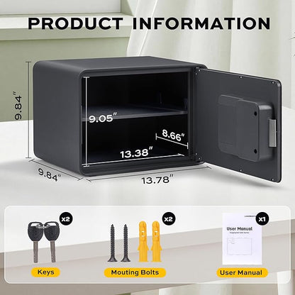 Biometric Safe for Home, 0.6 Cube Feet Auto-Open Fingerprint Safe with Touch Screen, Alarm System & Removable Shelf, Small Money Box for Cash, Jewelry, Documents, Home Office Use, Black