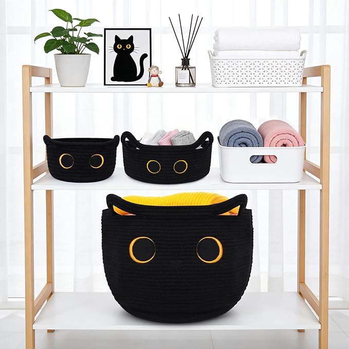 3Pack Black Cat Cute Storage Basket Set for Nursery- Small, Oval, Large Woven Gift Basket, Rope Cotton Bins with Lover Handles, Baby Laundry 0rganizer Shower Towel Blanket Clothes (9/12/15In)