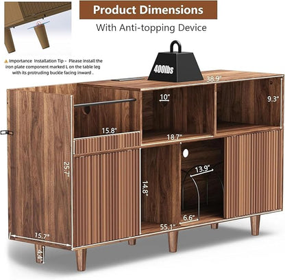 Large Record Player Stand with Power Outlets & LED Lights, Record Player Table Cabinet with Vinyl Record Storage Holds up to 500 Albums, Turntable Stand for Living Room, Bedroom