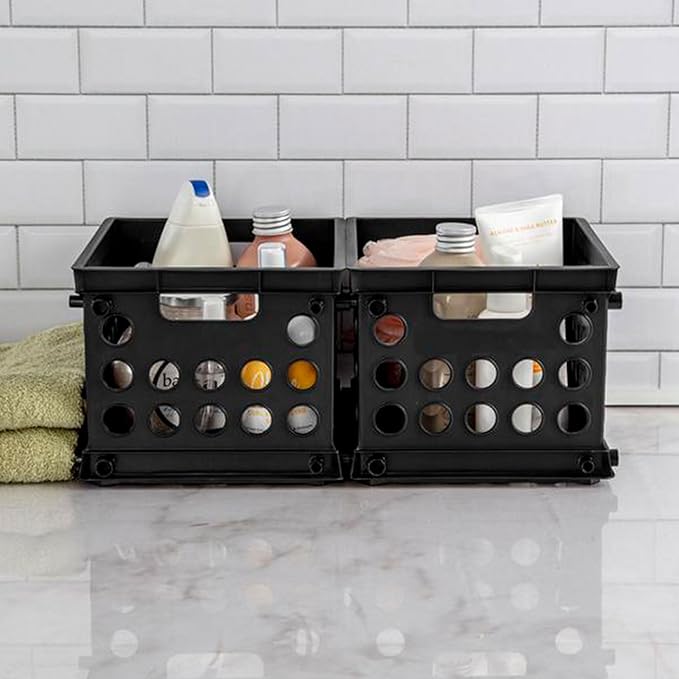 Sterilite Mini Crate, Stackable Plastic Storage Bin with Handles, Organize Home, Garage, Office, School, Dorm Room, Black, 24-Pack