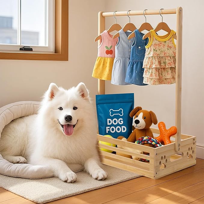 Baby Clothing Rack for Toddler, Pets, Bamboo Clothes Rack with Adjustable Hanging Rod, Storage Shelf & Handle, Nursery Organizer for Baby Shower, Dogs and Cats