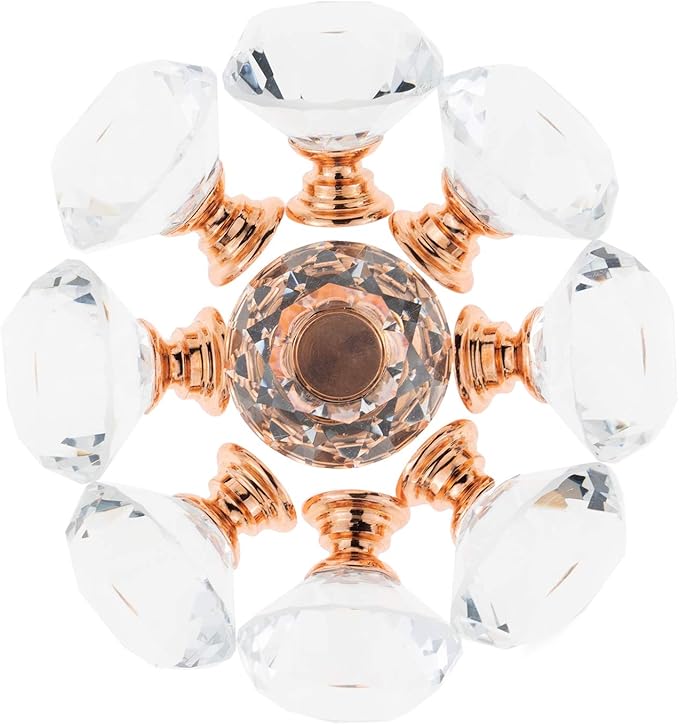 YourGift 12 Pack Drawer Knobs Diamond Shaped Crystal Glass 30mm Cabinet Knobs Pull Handles (Rose Gold)