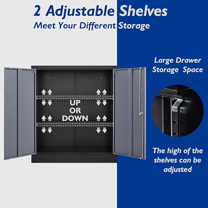 Metal Storage Cabinets with Locking Doors & 2 Adjustable Shelves, Lockable Steel Office Cabinets, Counter Caninet Small Locking Cabnet Locked Tool Cabnets for Home, Office, Garage, Hallway
