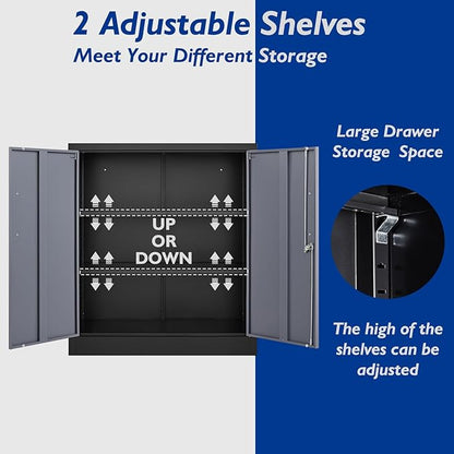 Metal Storage Cabinets with Locking Doors & 2 Adjustable Shelves, Lockable Steel Office Cabinets, Counter Caninet Small Locking Cabnet Locked Tool Cabnets for Home, Office, Garage, Hallway
