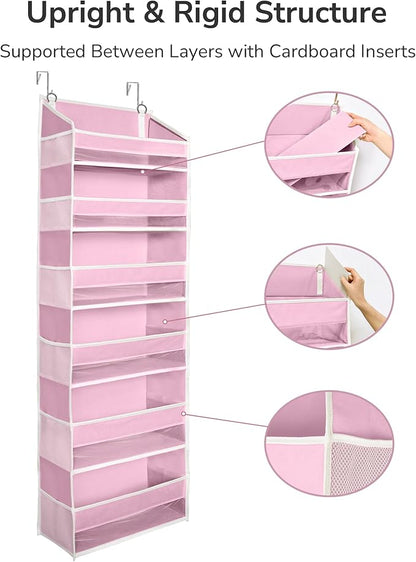 ULG Over The Door Organizer with 6 Large Pockets 12 Side Pockets, 50lbs Weight Capacity Door Hanging Storage Organizer for Bedroom, Bathroom, Pantry, Nursery Storage, Pink