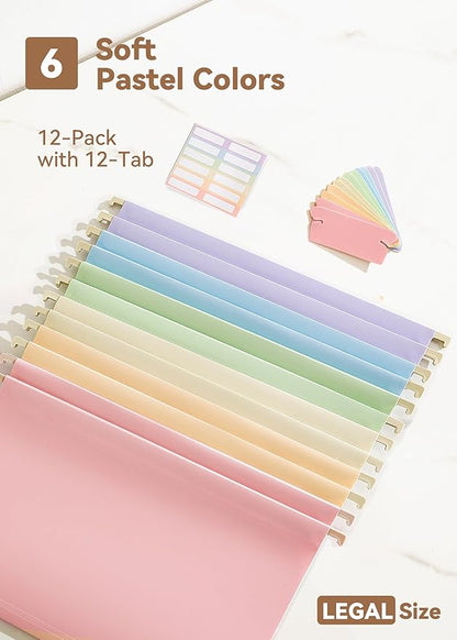 Plastic Legal Size Hanging File Folders, 12 Pack Pastel Hanging Folders, with Insertable 1/5-Cut Tabs for Filing Cabinets