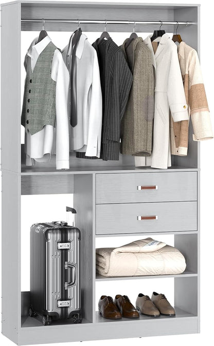 Armocity Freestanding Closet System with Suitcase Storage, 40 Inches Stand-alone Wardrobe with 2 Wood Drawers, 80'' Height Adjustable Cloth Garment Rack, Walk-in Closet with Hanging Rod, Grey