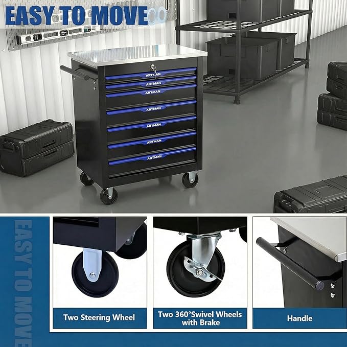 7-Drawer Rolling Tool Chest with Stainless Steel Worktop,Tool Chest with Secure Locking System,Mobile Storage Tool Cabinet with 360°Wheels and Padded Feet,for Home,Garage (Black+Blue)
