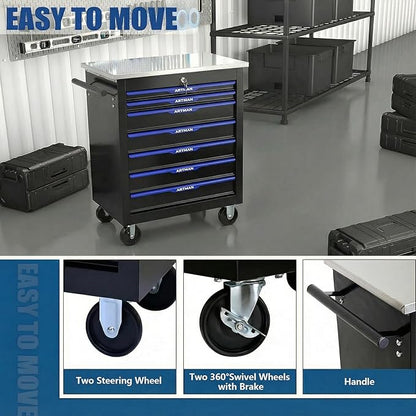 7-Drawer Rolling Tool Chest with Stainless Steel Worktop,Tool Chest with Secure Locking System,Mobile Storage Tool Cabinet with 360°Wheels and Padded Feet,for Home,Garage (Black+Blue)