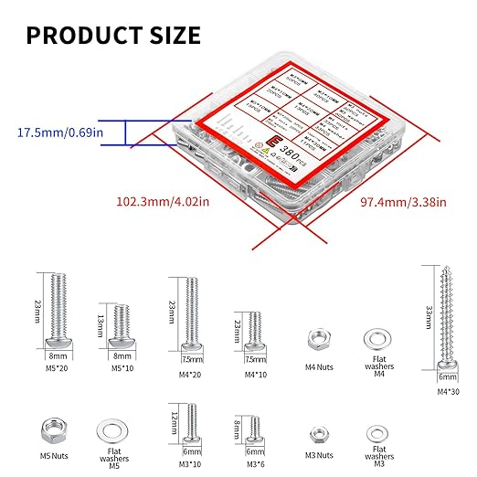 380 Pcs Screws Bolts and Nuts Assortment Kit, Metric Machine Screws and Nuts and Flat Washers, M3/M4/M5 Slotted Pan Head Hex Bolts Sets (E)