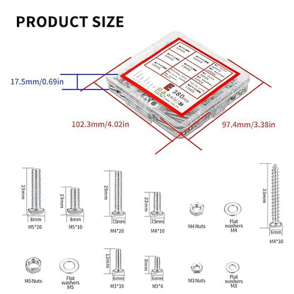 380 Pcs Screws Bolts and Nuts Assortment Kit, Metric Machine Screws and Nuts and Flat Washers, M3/M4/M5 Slotted Pan Head Hex Bolts Sets (E)