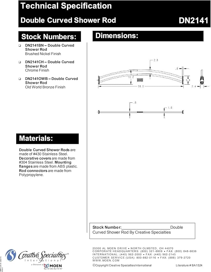Moen DN2141CH 60 Inch Adjustable Stainless Steel Double Curve Shower Rod for 5ft Long Shower Tubs, Chrome