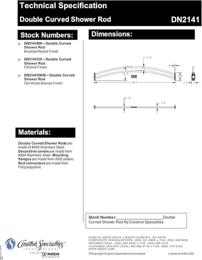 Moen DN2141CH 60 Inch Adjustable Stainless Steel Double Curve Shower Rod for 5ft Long Shower Tubs, Chrome