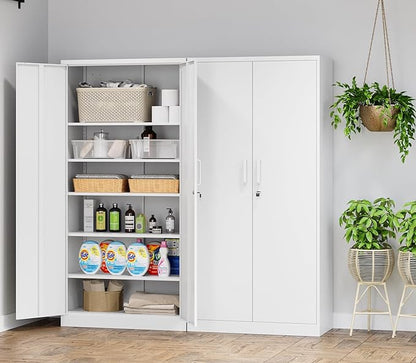 MIIIKO 72" White Metal 5-Shelf Cabinet with Locking Doors, 36" Wide Snap-Latch Steel Cabinet for Home Office, Pantry, School