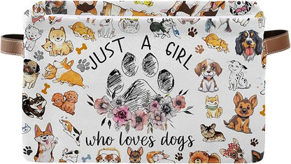 Paw Print Storage Basket - Birthday Christmas Gift for Dog Lovers - "Just a Girl Who Loves Dogs" Themed Collapsible Storage Bin with Handles - Rectangle Storage Organizer for Home, Shelves, Closet