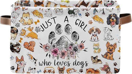 Paw Print Storage Basket - Birthday Christmas Gift for Dog Lovers - "Just a Girl Who Loves Dogs" Themed Collapsible Storage Bin with Handles - Rectangle Storage Organizer for Home, Shelves, Closet