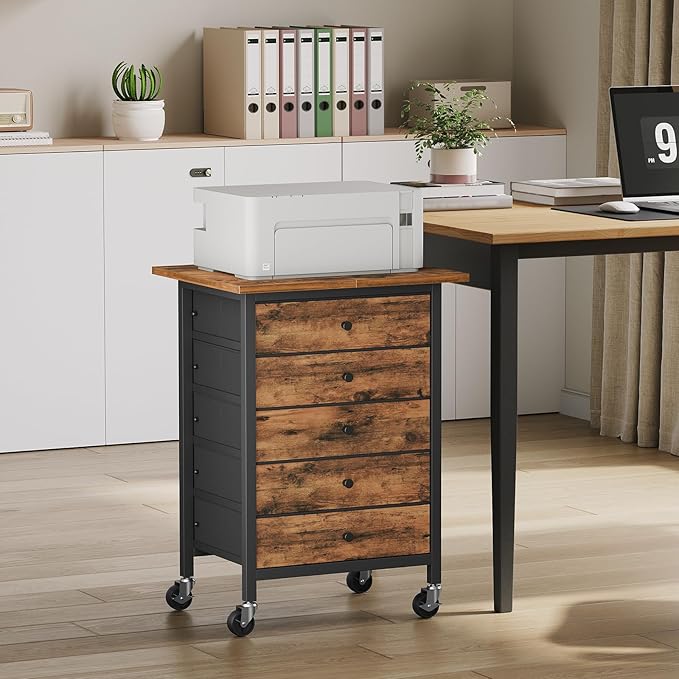 5 Drawer File Cabinet,Rolling Filing Chest Cabinet with Wheels, Under Desk Storage Organizer, Printer Stand with Non-Woven Fabric Drawer, for Home Office, Study, Rustic Brown FCHR4801
