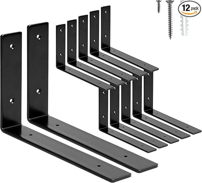 HEART ART 12 Pack Shelf Brackets 10 inch,L Brackets for Shelves,Black Heavy Duty Metal Shelf Brackets,10”x6”x1.4”