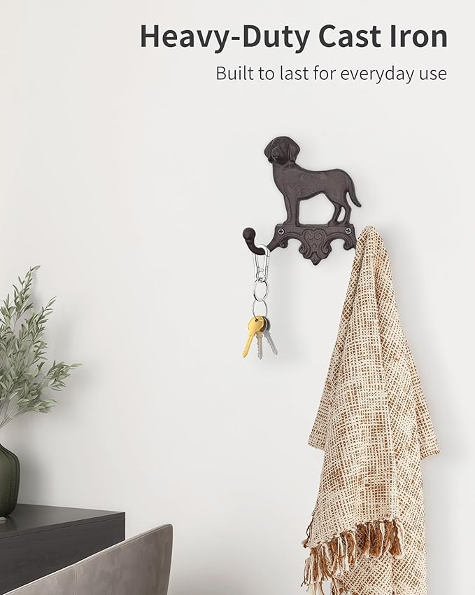 Cast Iron Dog Wall Hooks for Hanging, Heavy Duty Dog Leash Holder for Wall Mount Coat Hooks Decorative Key Hanger Vintage Farmhouse Entryway Cute Animal Decor Rustic Brown 1 Pack