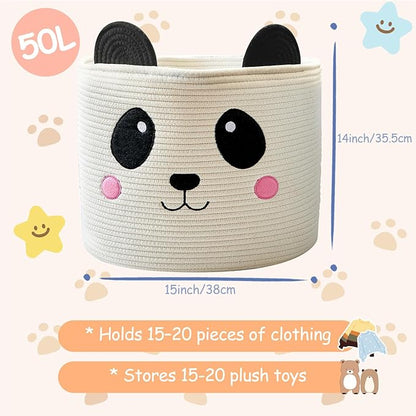 OMERAI Cotton Rope Storage Basket with Panda Design, 15"D x 12.6"H, Portable, Foldable, Multifunctional Laundry Basket