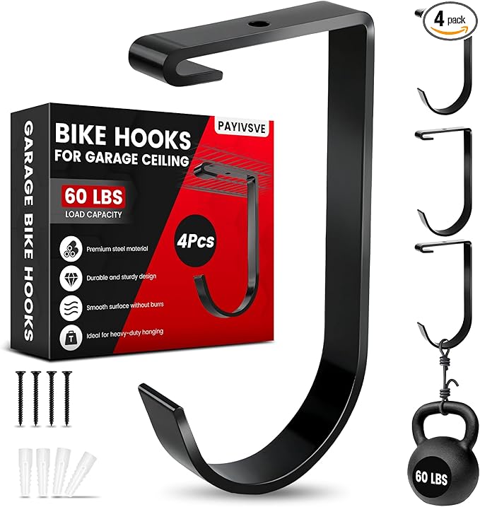 Bike Hooks for Garage Ceiling Mount Rack, Add on Storage Flat Hook Accessory Overhead Garage Hooks for Ceiling Rack and Wall Shelving(4 Pack)