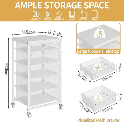 Utility Cart with 5 Drawers, Rolling Storage Cart with Wooden Tabletop and Lockable Wheels, Storage Drawer Cart Craft Cart for Bedroom, Classroom, Home, Office, White