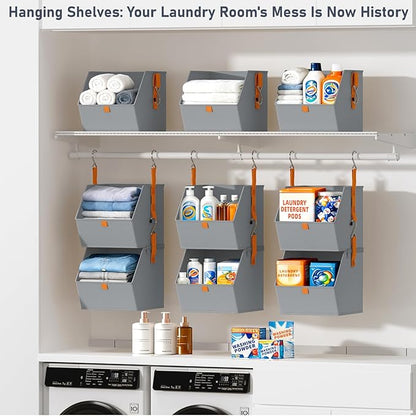 DIMJ Hanging Closet Organizer - 4 Tier Collapsible Hanging Shelves with Hooks Zipper, Fabric Clothes Organizer, Space-Saving Storage Bin Basket for RV, Bedroom, Laundry Organization