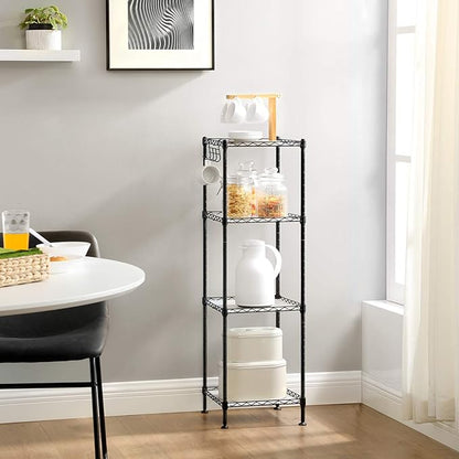 SONGMICS 4-Tier Bathroom Shelf, Storage Rack for Small Space, with 4 PP Shelf Liners, Removable Hook, Extendable Design, Ink Black and Translucent ULGR104B01