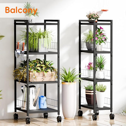 Expandable Slim Storage Cart with Wheels, 4 Tier Narrow Metal Rolling Utility Cart Organizer Adjustable Open Floor Shelf Unit for Small Spaces Bathroom Laundry Room Kitchen