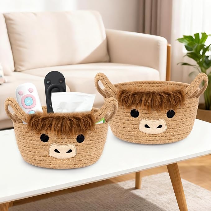Small Highland Cow Basket Set for Nursery, 2PCS Woven Cotton Rope Storage Cow Basket, Cute Baby Blanket Gift Storage with Soft Ears Handles, Candy Towel Decor Gifts Bin, Pack of 2