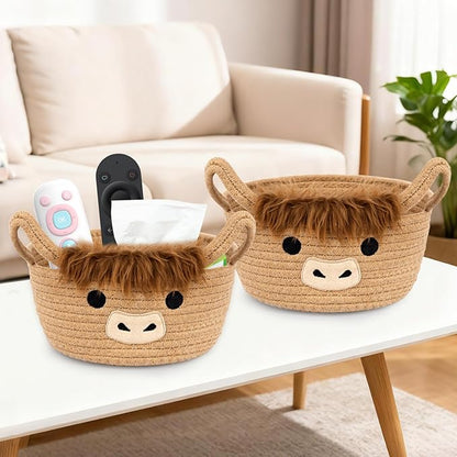 Small Highland Cow Basket Set for Nursery, 2PCS Woven Cotton Rope Storage Cow Basket, Cute Baby Blanket Gift Storage with Soft Ears Handles, Candy Towel Decor Gifts Bin, Pack of 2