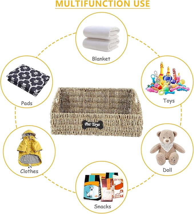 Pet Dog Toy Basket,Wicker Baskets with Built-in Handles,Dog Toy Bin,Farmhouse Puppy Toys Box,Dogs Storage Organizer for Leash Blanket Toys Snacks,Handwoven Seagrass Basket