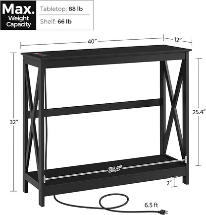 Yaheetech 2 Pack Narrow Console Table with Power Outlets, 40 Inches Entryway Table, Wood Sofa Table with Storage Shelves, Side Table, Display Table, for Hallway, Bedroom, Living Room, Foyer, Black