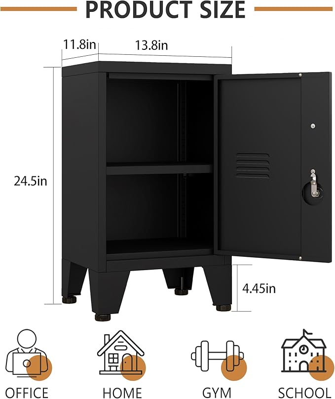 24.5"H Metal Locker Storage Cabinet with Lock - Small Lockable Employees Locking Cabinet Steel Locker Adjustable Shelf & Feet, Single Door Lockable Cabinet for Home, School, Office, Gym (Black)