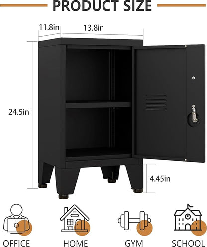 24.5"H Metal Locker Storage Cabinet with Lock - Small Lockable Employees Locking Cabinet Steel Locker Adjustable Shelf & Feet, Single Door Lockable Cabinet for Home, School, Office, Gym (Black)
