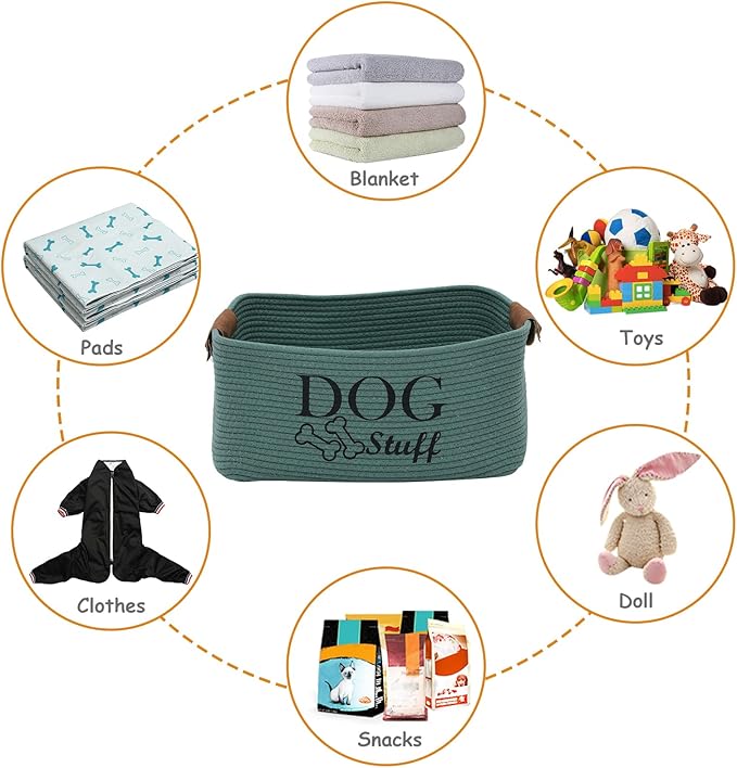 Geyecete Square Dog toy basket storage Cotton Rope Storage Basket Pet/Pet Toy And Accessory Storage Bin Doy Toy Box-Green