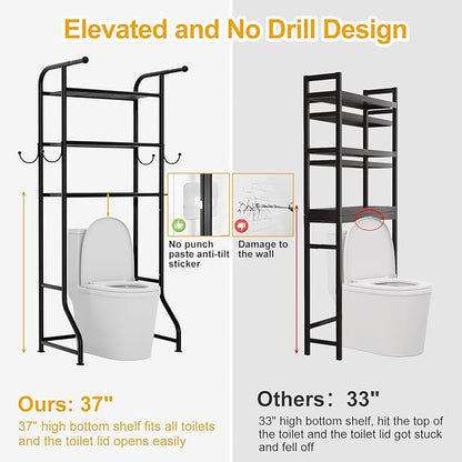 3-Tier Over The Toilet Storage Shelf，Bathroom Organizers and Storage Over Toilet，Metal Bathroom Space Saver with 2 Bars，1 Paper Holder and 4 Hooks,Black