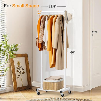 MISSLO Small Clothes Racks for Hanging Clothes Clothing Rack with Wheels 60" Garment Rack with Shelves Portable Rolling Wardrobe Rack for Small Space, White