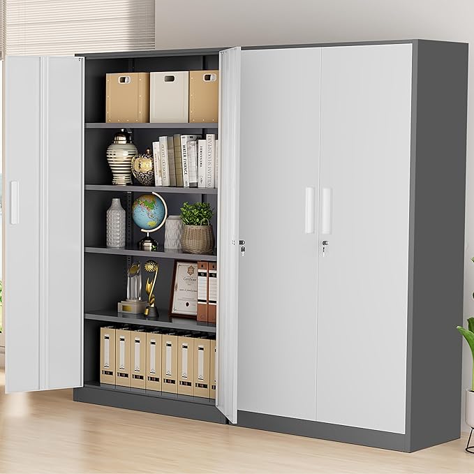 Greenvelly Metal Garage Storage Cabinet, 72" Steel Locking Storage Cabinet with 2 Doors and 4 Adjustable Shelves, Metal Tool Cabinets, Lockable File Cabinets for Home Office, Garage (Gray White)